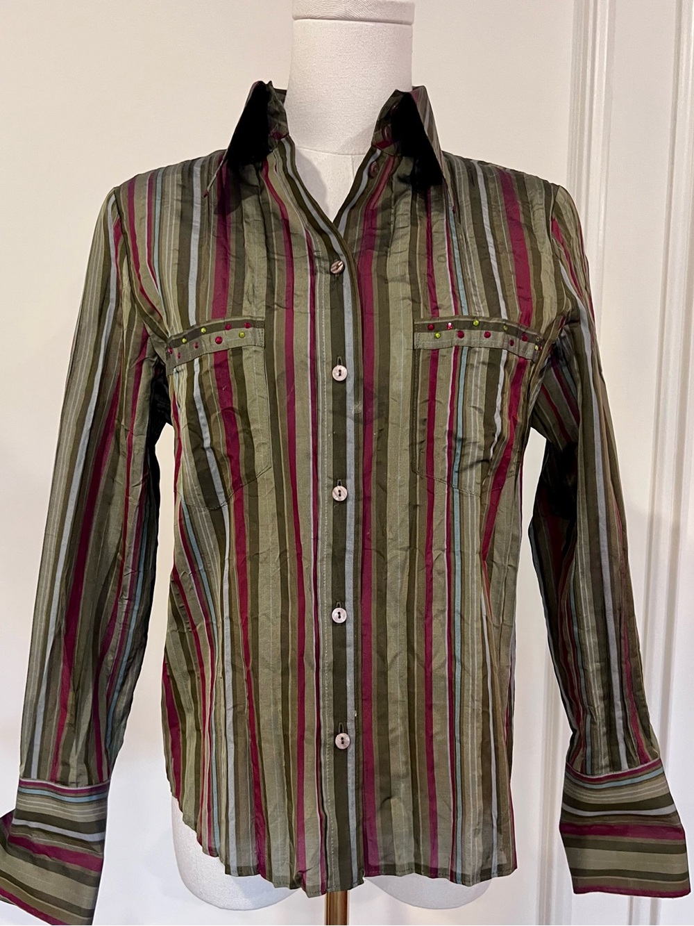 Vintage Striped Silk Blend Blouse Olive Berry French Cuff Boho Dark Academia